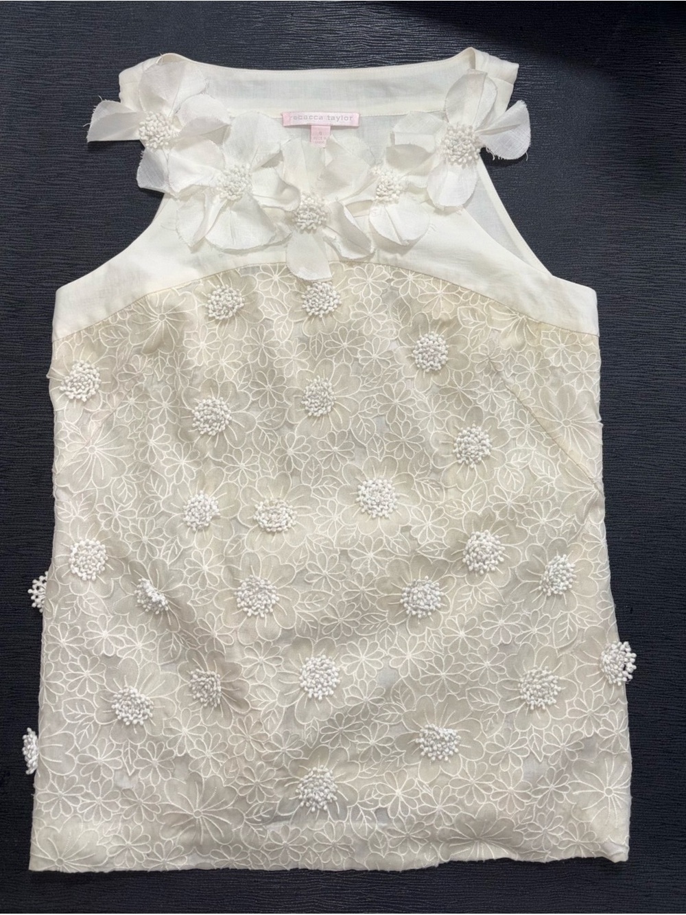 Rebecca Taylor Ivory Floral Lace Appliqué Beaded Tank Top Sleeveless